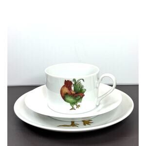 Signed Joyce Langford 3 Piece Strutting Rooster Plate and Soup Cup Set